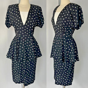 Vintage Midi Dress Size 10 Black White Print Peplum Retro Office Secretary 80s